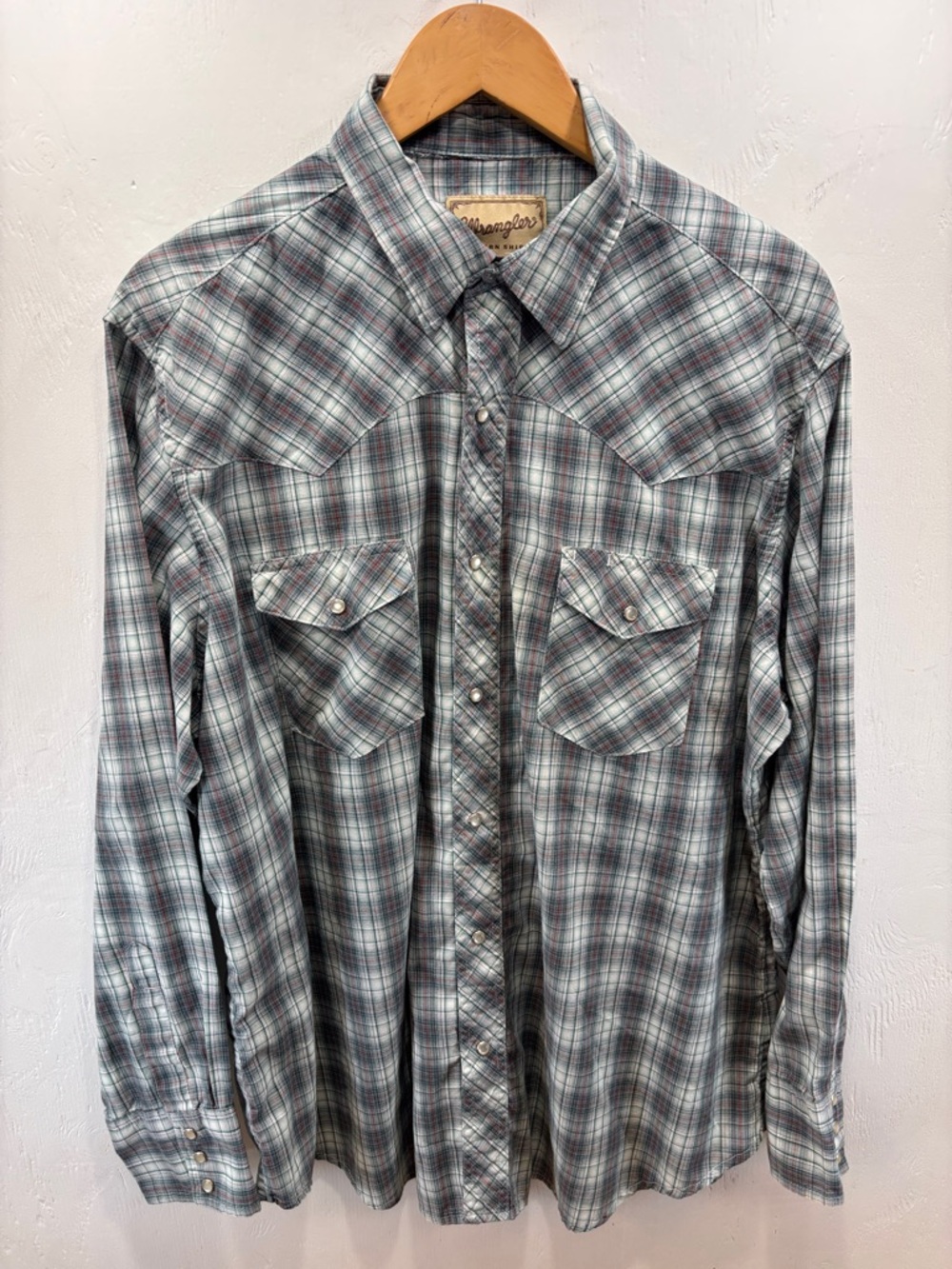 Wrangler Western Country Gray & Green Plaid Button-Down Pearl Snap Shirt SZ XL